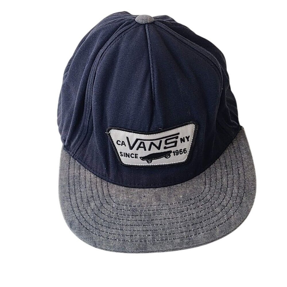 Vans Navy Blue & Gray Snapback Hat With Embroidered Patch Slateboard Logo